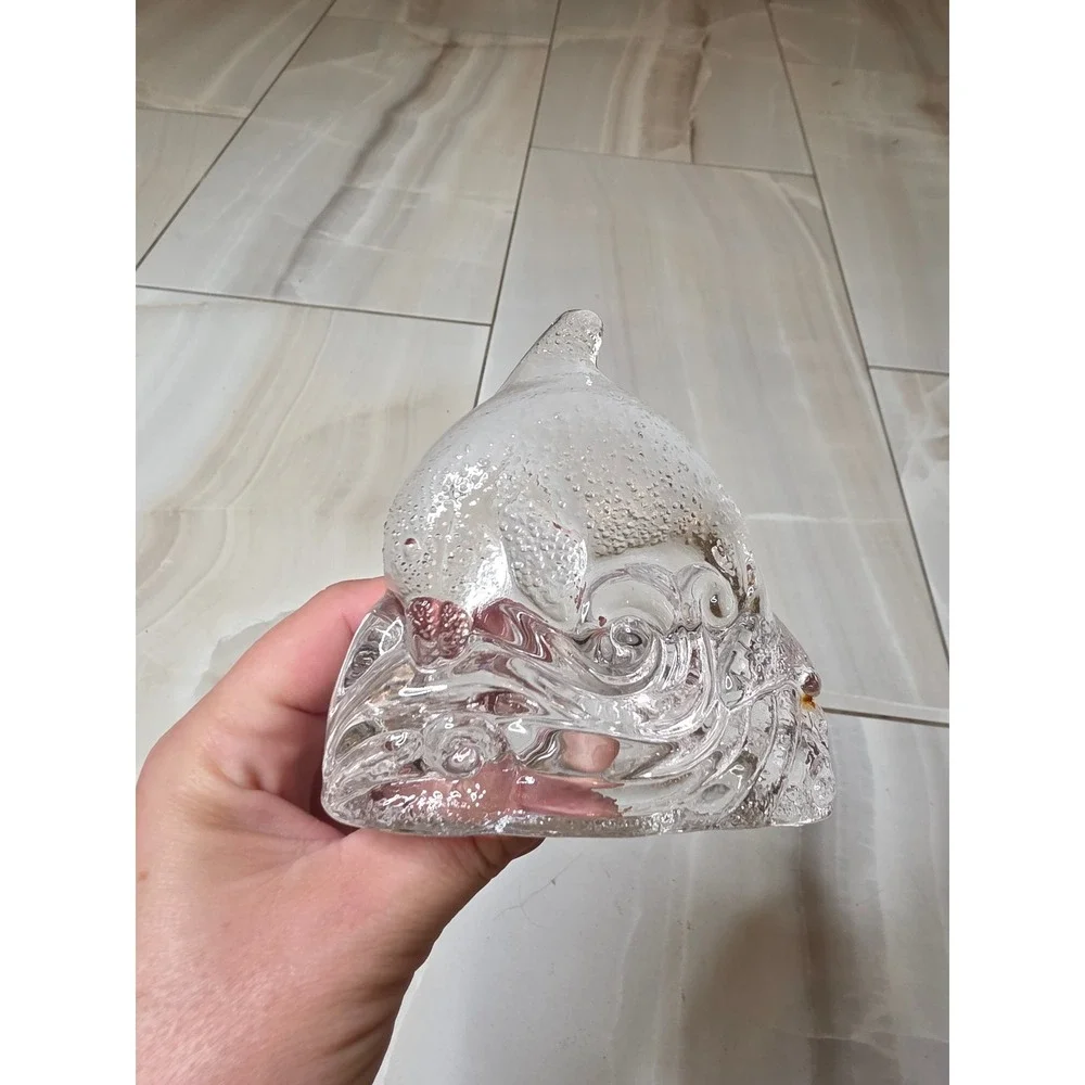 Clear Art Glass Dolphin Wave Votive Candle Holder Nautical Figurine 4.5‎ inch E1